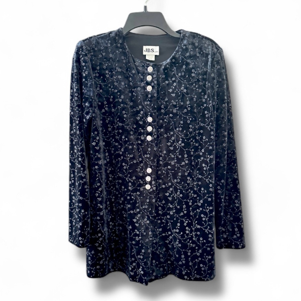 Vintage 80s Black Velvet Floral Button Front Long Sleeve Tunic Top Womens Medium